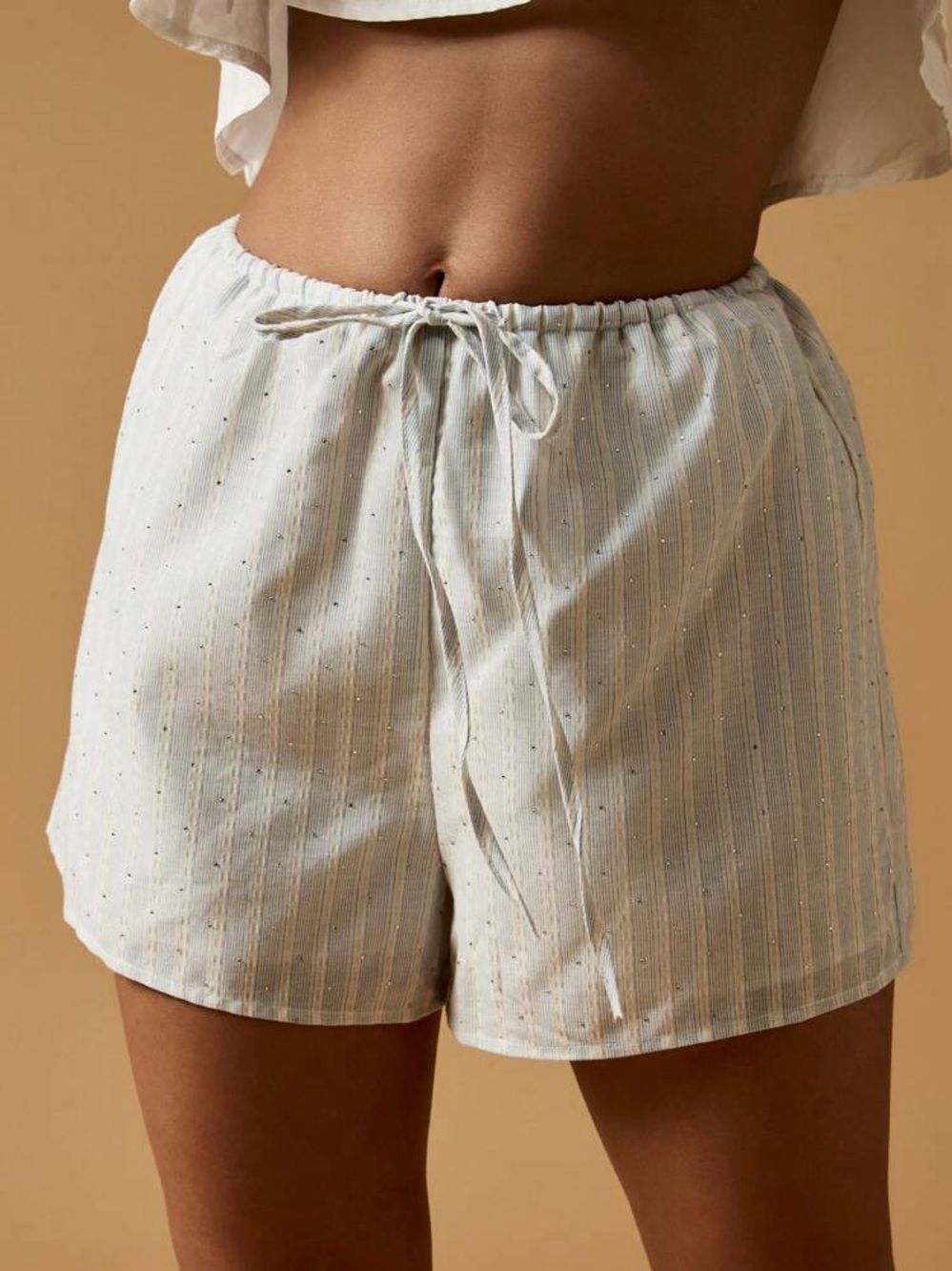 MISSGUIDED Diamond Studded Striped Loose Lounge Shorts Elastic Waist Tie Front S